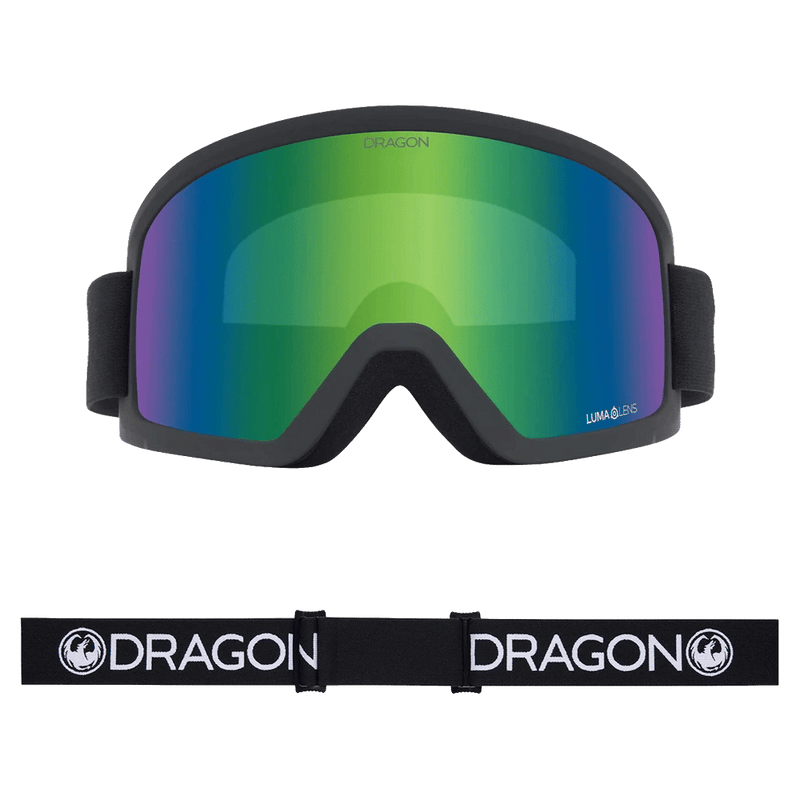 Front view of the Dragon DX3 L Goggle in BLACK and GREEN ION colourway, unisex's model
