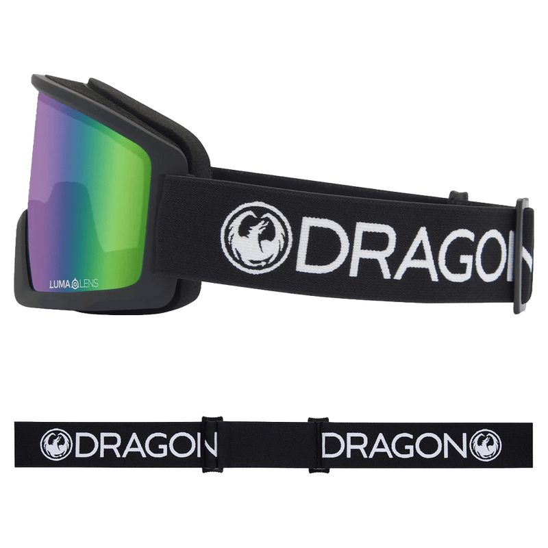 Side view of the Dragon DX3 L Goggle in BLACK and GREEN ION colourway, unisex's model