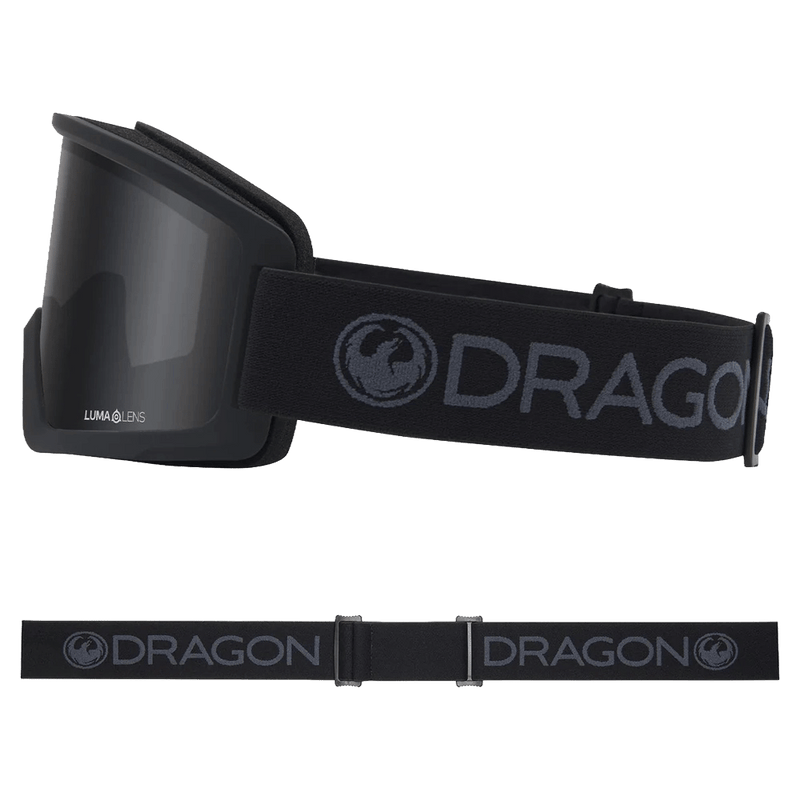 Side view of the Dragon DX3 L Goggle in BLACKOUT and DARK SMOKE colourway, unisex's model