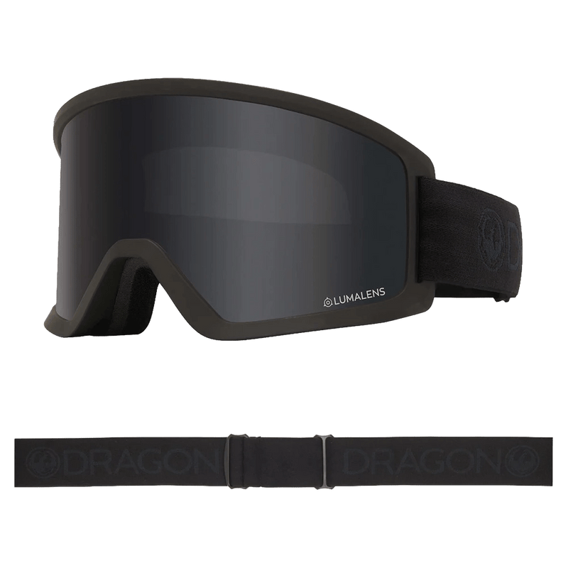 Main view of the Dragon DX3 Goggle in BLACKOUT and DARK SMOKE colourway, unisex's model