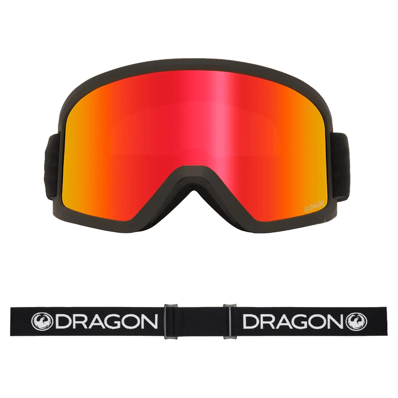 Front view of the Dragon DX3 Goggle in BLACK and RED ION colourway, unisex's model