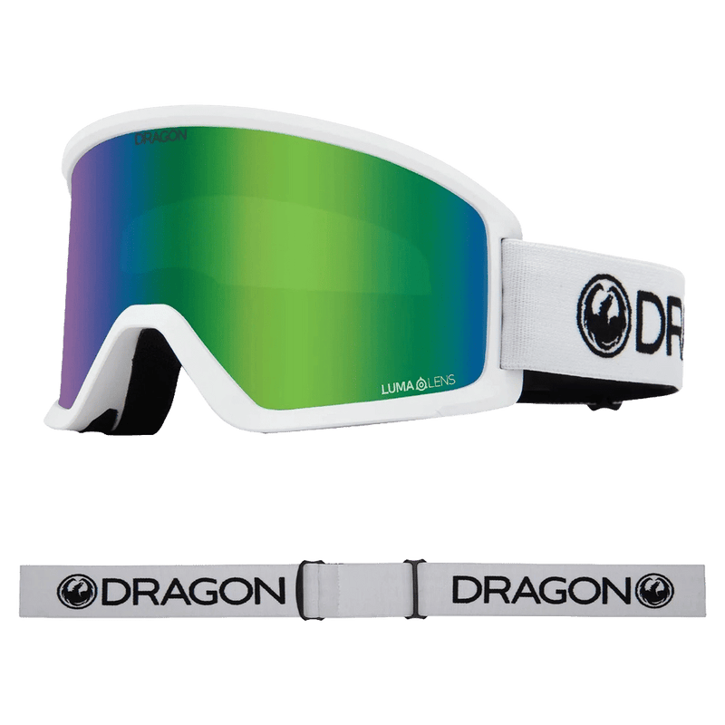 Main view of the Dragon DX3 Goggle in White and GREEN ION colourway, unisex's model