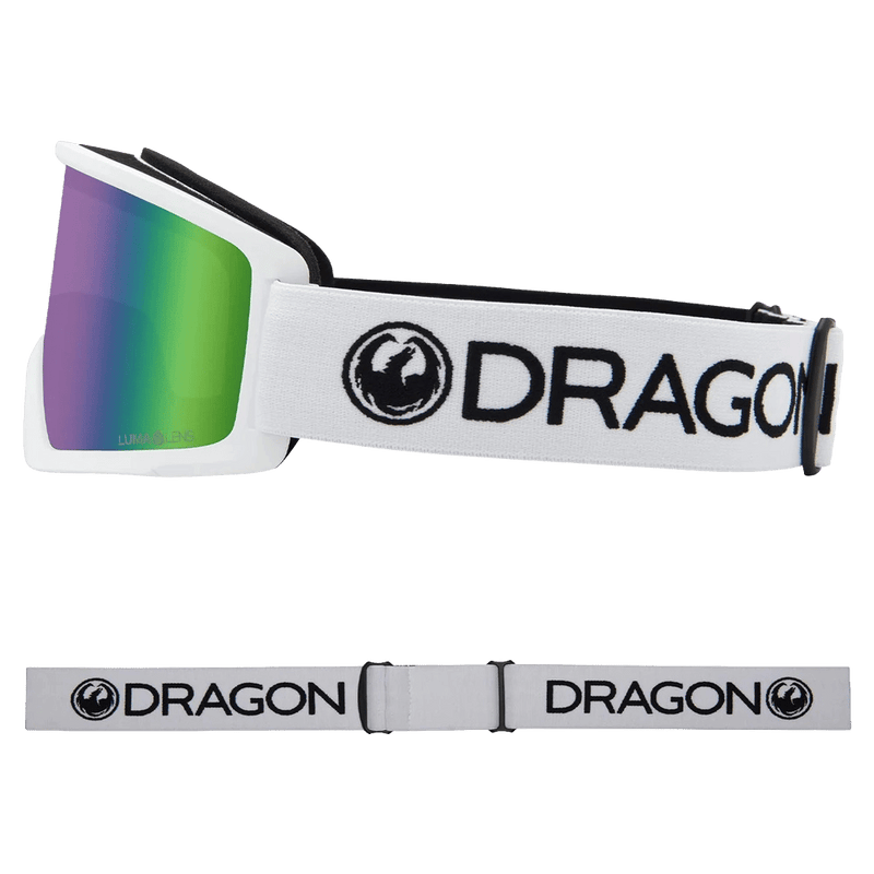 Side view of the Dragon DX3 Goggle in White and GREEN ION colourway, unisex's model