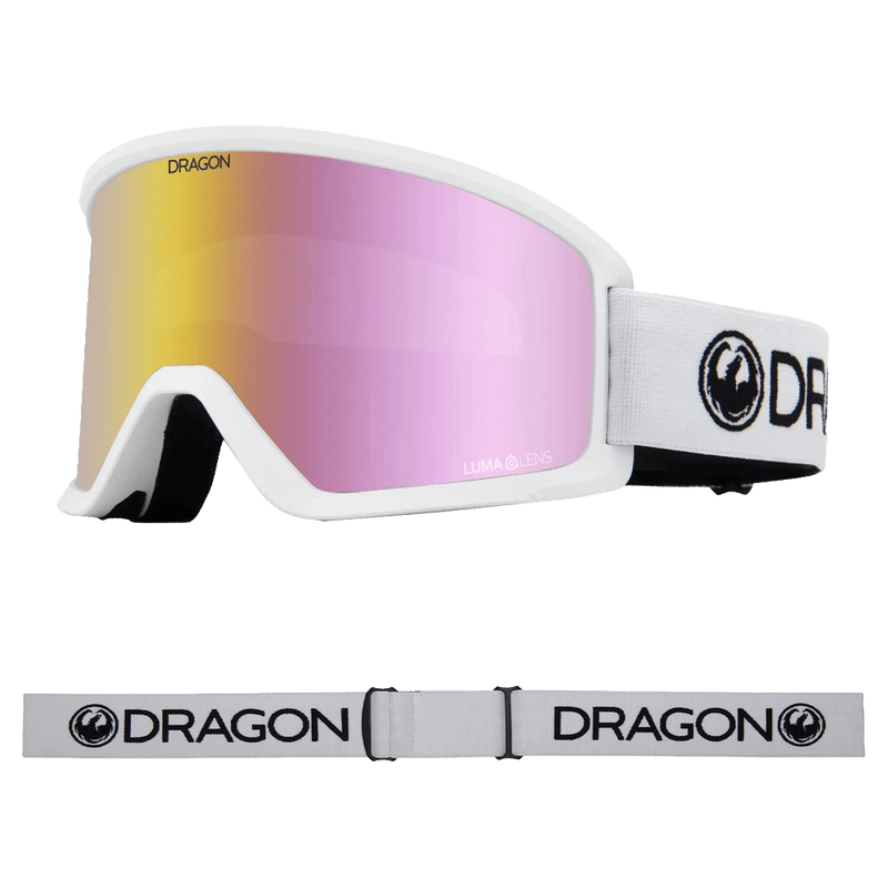 Main view of the Dragon DX3 Goggle in White and PINK ION colourway, unisex's model