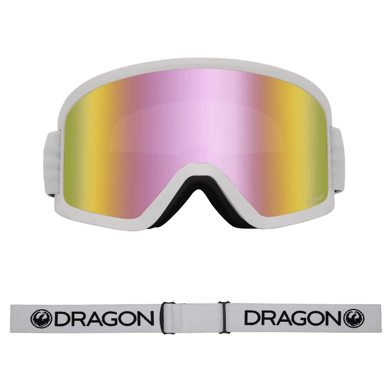 Front view of the Dragon DX3 Goggle in White and PINK ION colourway, unisex's model