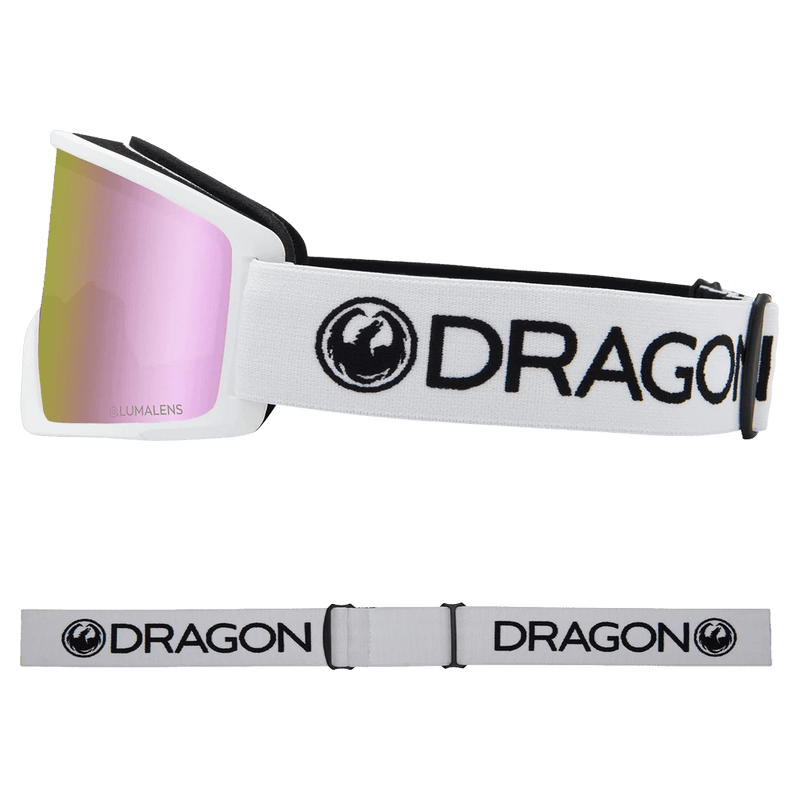 Side view of the Dragon DX3 Goggle in White and PINK ION colourway, unisex's model