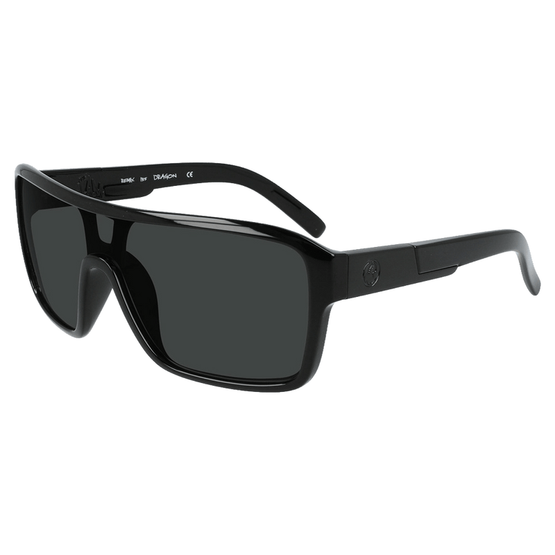 Main view of the Dragon Remix Sunglasses in Jet, LL Smoke Polar lens, unisex model