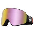Dragon PXV goggles with a pink and gold iridescent mirrored lens and a black strap with a white circular dragon logo.