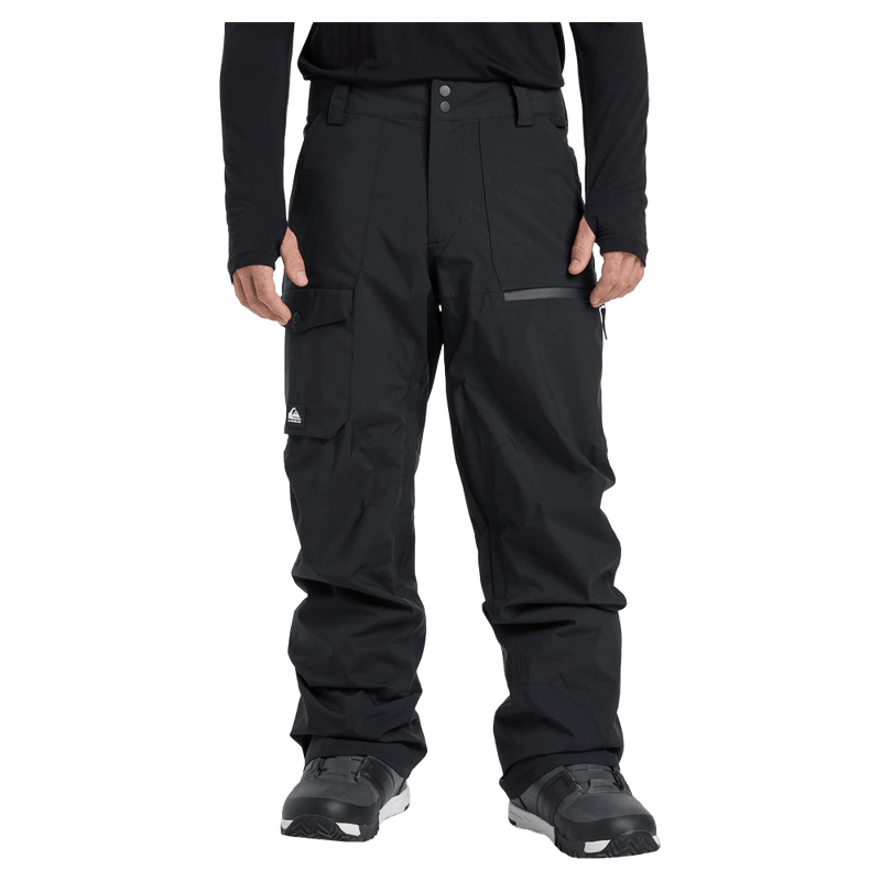 Black Quiksilver Utility Snowboard Pants with cargo pockets, zippered pocket, and snap waist closure.