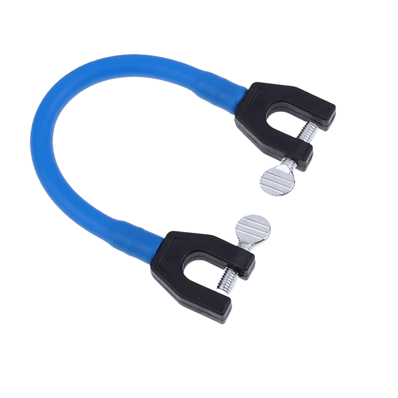 Rhythm Snowsports Edgie Wedgie blue flexible ski tip connector with black plastic clamps and silver thumb screws.