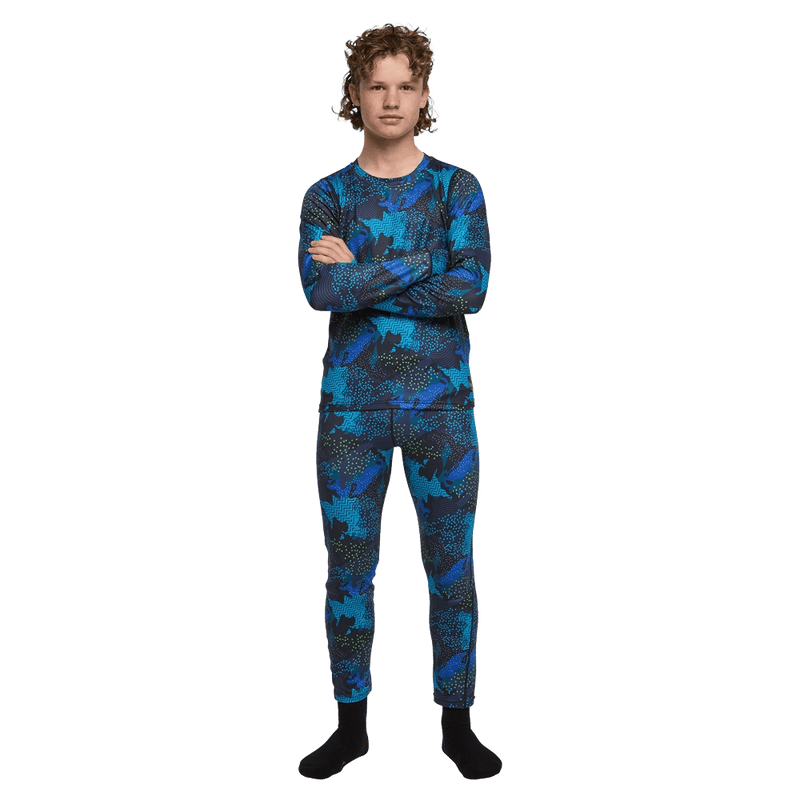 Worn view of the Elude Boys 7-8 Thermal Top in GEO CAMO colourway, kids model