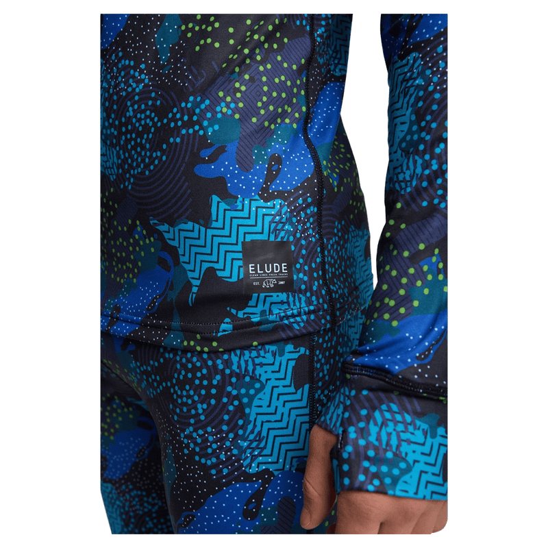 Detail view of the Elude Boys 7-8 Thermal Top in GEO CAMO colourway, kids model