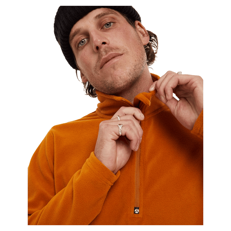 Zip view of the Elude Mifrofleece Quarter Zip Jamper in Pumpkin Spice colourway, men model