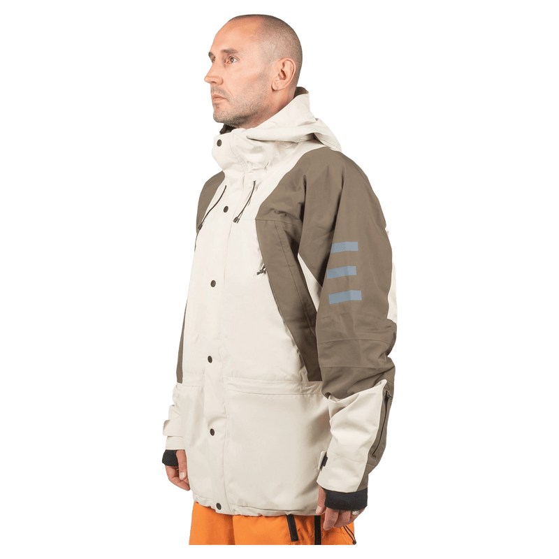 Alternative view of the Endeavor 2L Ranger Jacket in Algae and Fiber colourway, unisex model
