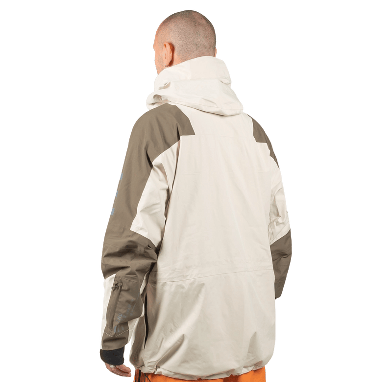 Back view of the Endeavor 2L Ranger Jacket in Algae and Fiber colourway, unisex model
