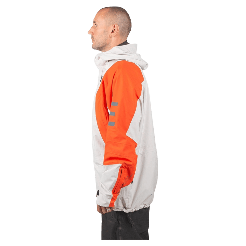Side view of the Endeavor 2L Ranger Jacket in Sand and Flame colourway, unisex model