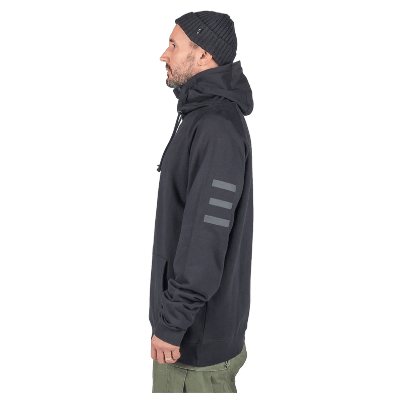 Side view of the Endeavor Ops Organic Hoodie in Black colourway, unisex model