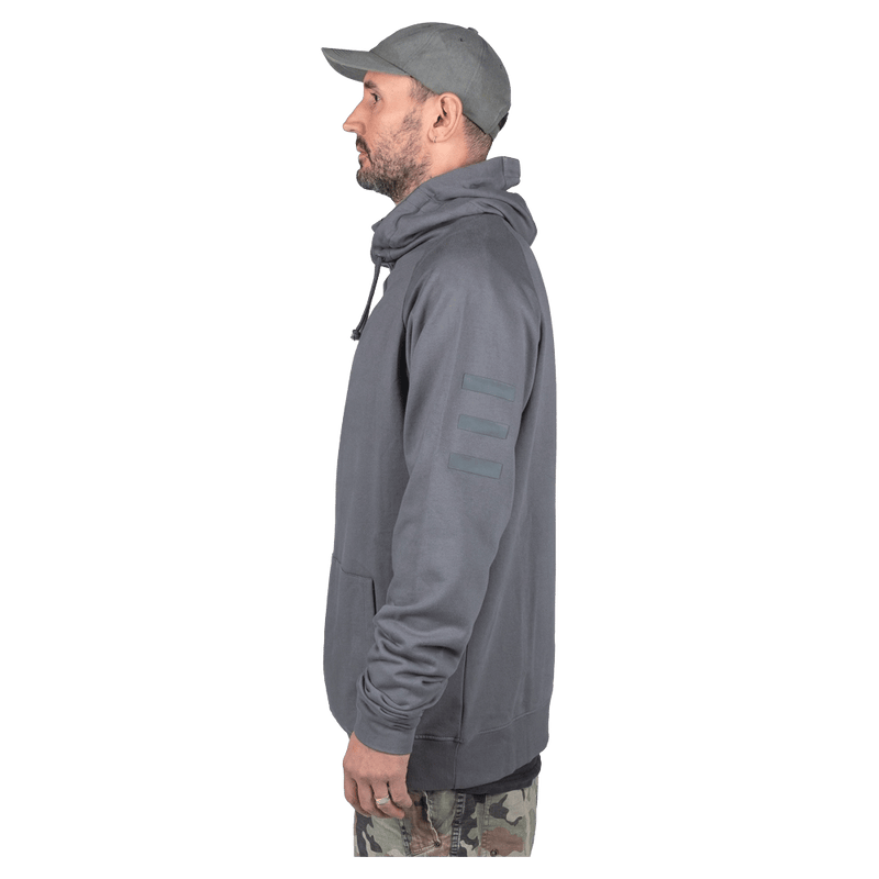Side view of the Endeavor Ops Organic Hoodie in Charcoal colourway, unisex model