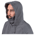 Hood view of the Endeavor Ops Organic Hoodie in Charcoal colourway, unisex model