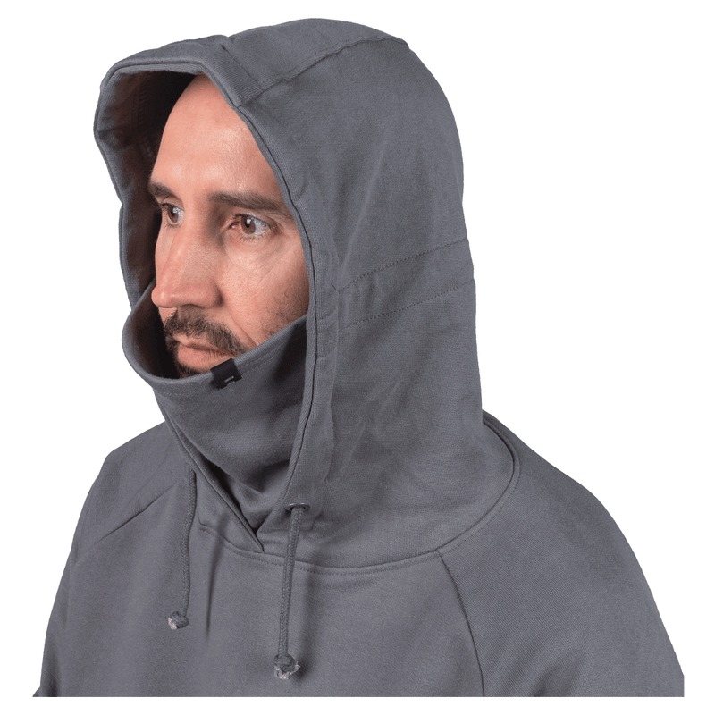 Hood view of the Endeavor Ops Organic Hoodie in Charcoal colourway, unisex model