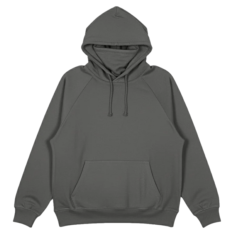 main view of the Endeavor Ops Organic Hoodie in Charcoal colourway, unisex model