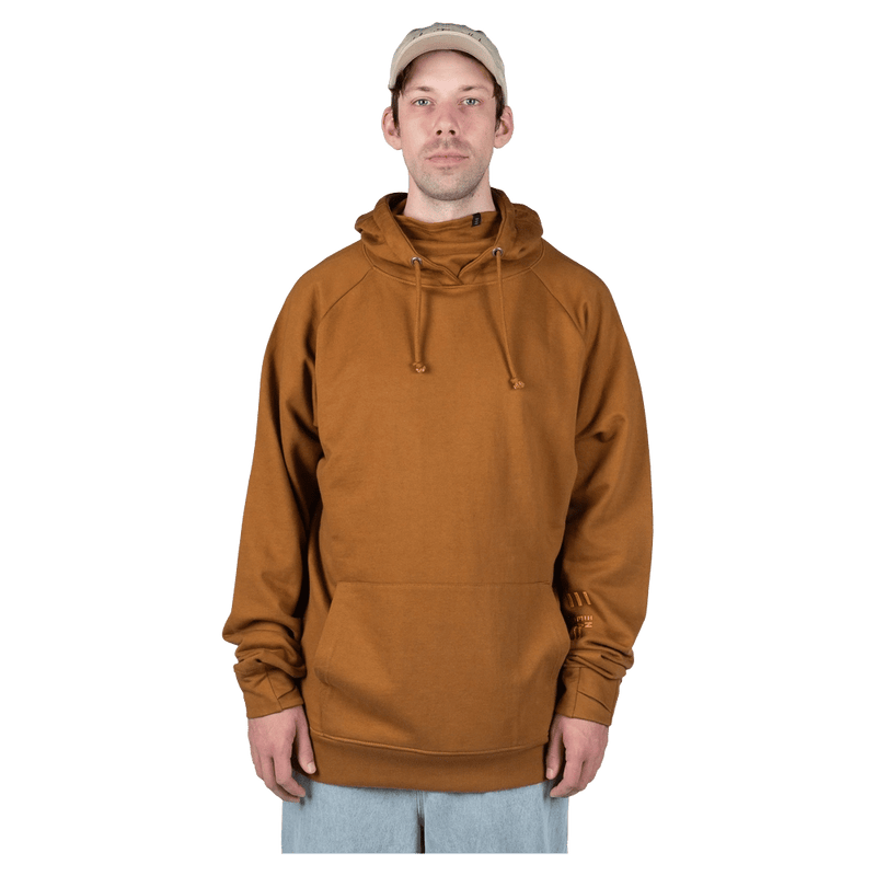 Front view of the Endeavor Ops Organic Hoodie in Clay colourway, unisex model