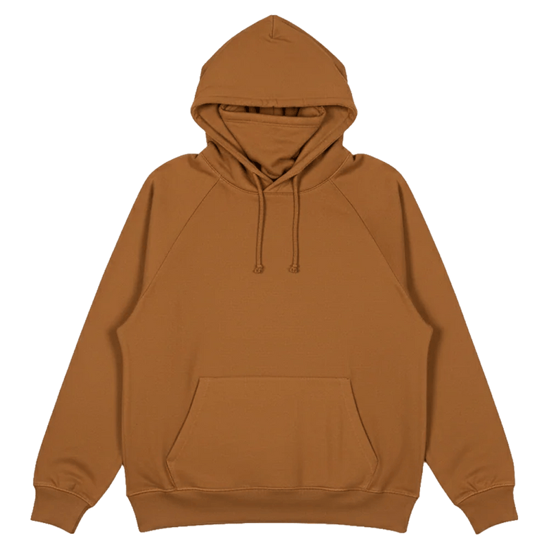 Main view of the Endeavor Ops Organic Hoodie in Clay colourway, unisex model