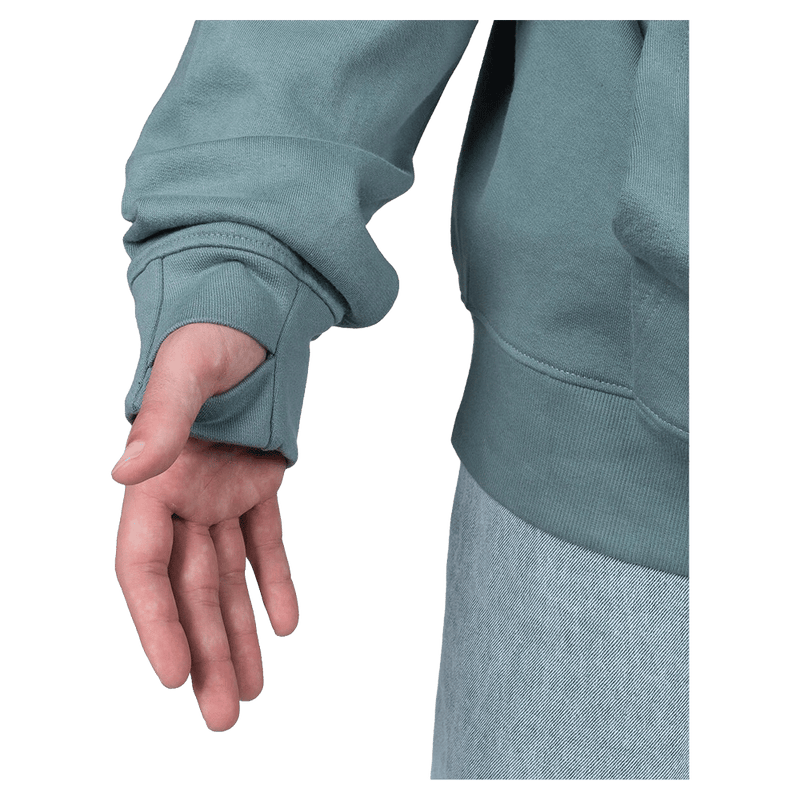 Finger hole view of the Endeavor Ops Organic Hoodie in Slate colourway, unisex model