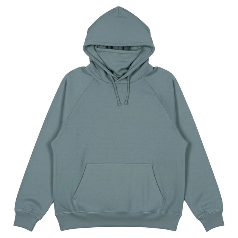 Main view of the Endeavor Ops Organic Hoodie in Slate colourway, unisex model