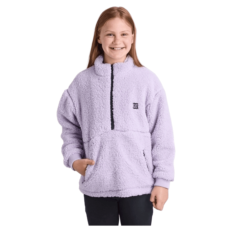 Front view of the Eve Girl Cozy Quarter Zip in Lilac colourway, girls's model