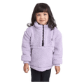 Front view of the Eve Girl Cozy Quarter Zip in Lilac colourway, toddler's model