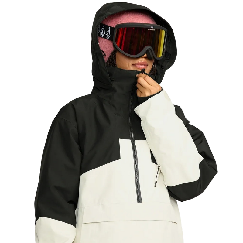 Front, on body image of the Fern Ins Gore Pullover Snowboard Jacket - Womens in Bone. Featuring contrast black hood.