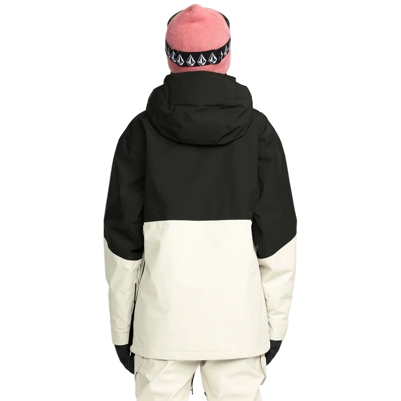 Rear, on body image of the Fern Ins Gore Pullover Snowboard Jacket - Womens in Bone. Featuring contrast black across the shoulders, upper arm, and hood.