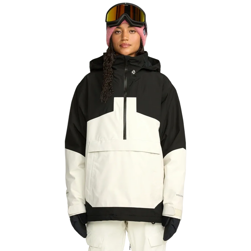 Front, on body image of the Fern Ins Gore Pullover Snowboard Jacket - Womens in Bone. Featuring contrast black across the shoulders, upper arm, and hemline, quarter zip and pouch pocket with flap. 