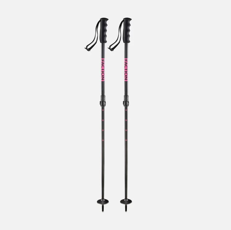Faction Prodigy Jr Ski Poles with adjustable flick lock, black shaft, baskets, handles and straps with pink band on upper shaft showing Faction name in black