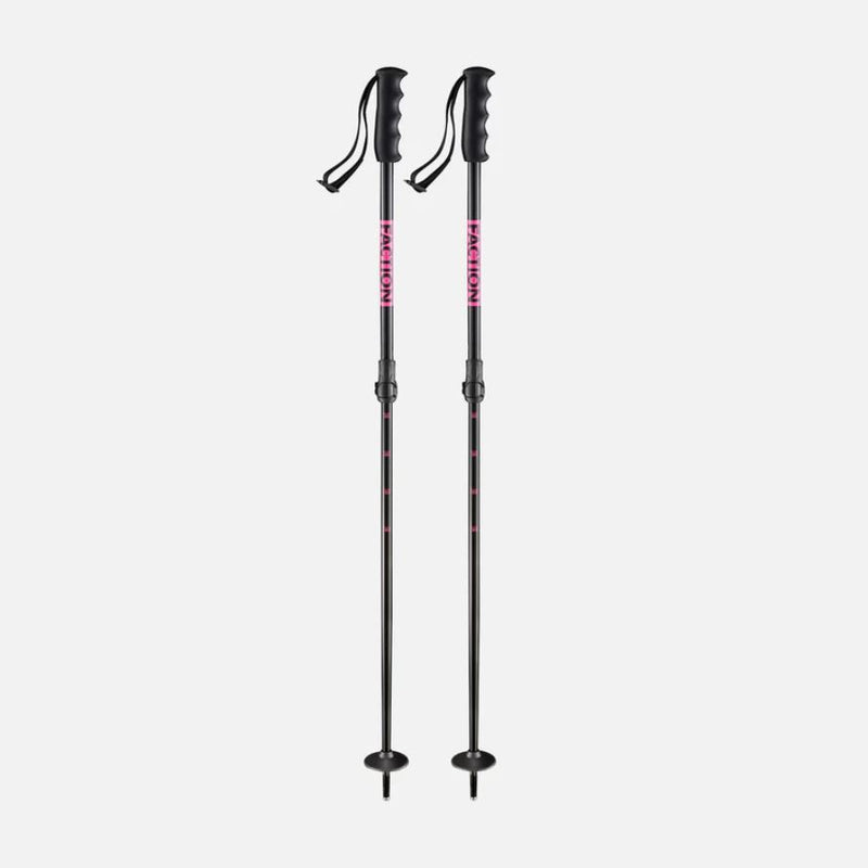 Faction Prodigy Jr Ski Poles with adjustable flick lock, black shaft, baskets, handles and straps with pink band on upper shaft showing Faction name in black
