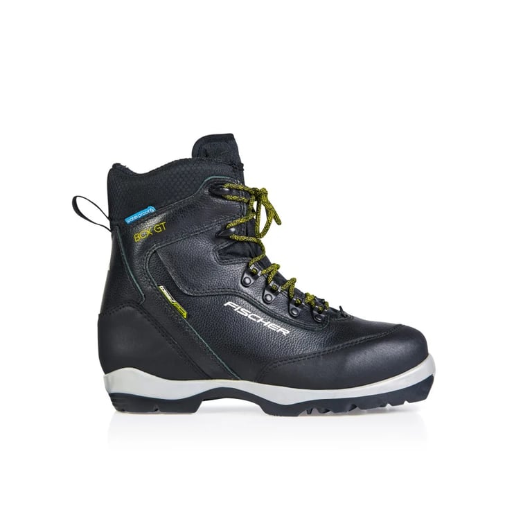 Side profile of a black leather Fischer BCX Grand Tour cross country boot with yellow laces and a grey midsole.