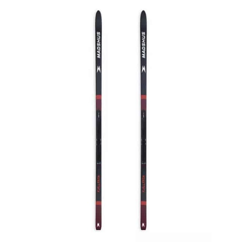 Madshus Fjelltech M50 Skin backcountry skis in black and red with white brand lettering on the tips.