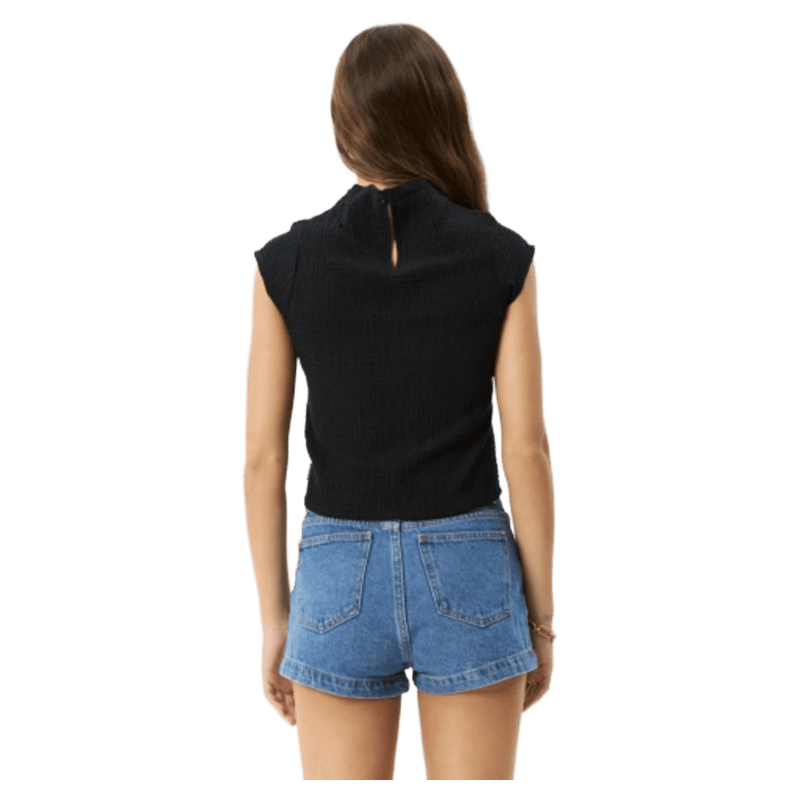 Back view of Afends Wren Seersucker Top - Womens in colour Black.