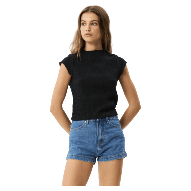 Front view of Afends Wren Seersucker Top - Womens in colour Black.