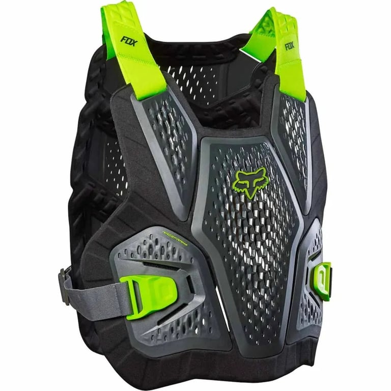 Fox Raceframe Impact Guard bike chest protector in black and grey with neon yellow straps and perforated shell.