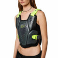 Black and grey Fox Raceframe Impact Guard with neon yellow straps and perforated chest panels on a model.