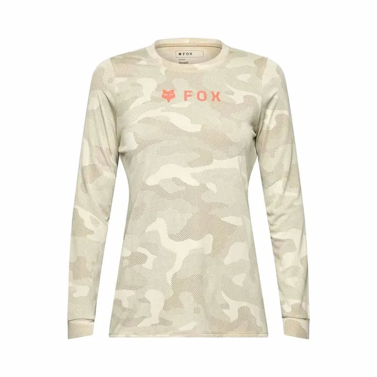 Women's Fox Ranger long sleeve bike jersey in light beige camouflage with an orange chest logo, front view.