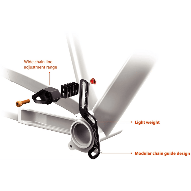 infographic  view of the Funn Zippa Lite Chain Guide in Black colourway, unisex model