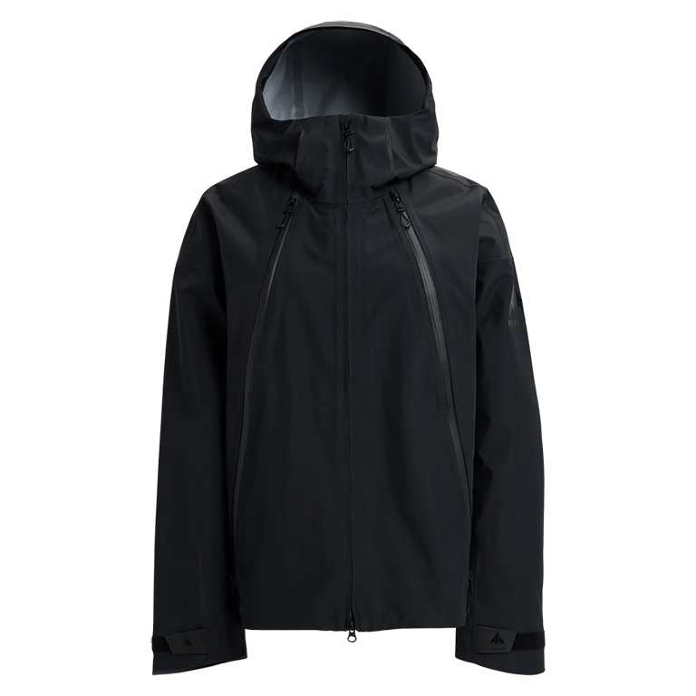 Black Burton Futuretrust 3L Snowboard Jacket with hood, front zipper, and large diagonal chest pockets.