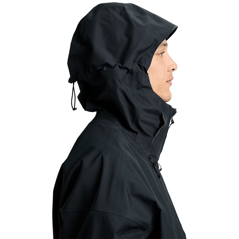 Side profile of a black Burton Futuretrust 3L Snowboard Jacket featuring a high collar and adjustable hood.