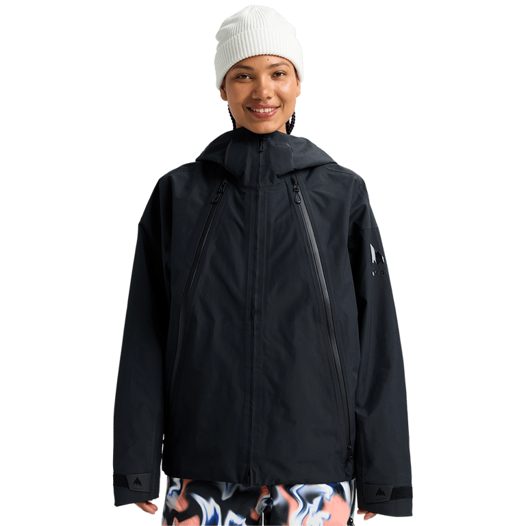 Black 2025 Burton Futuretrust 3L Snowboard Jacket with hood and long diagonal front zippers.