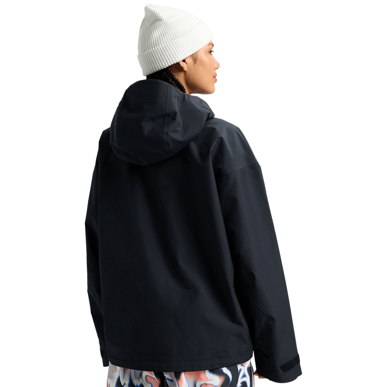 Back view of a black Burton Futuretrust 3L Snowboard Jacket with a hood and adjustable cuffs.