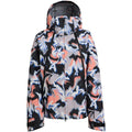 Burton Futuretrust 3L Snowboard Jacket with a black, peach, and blue abstract swirl print, hood, and chest zippers.