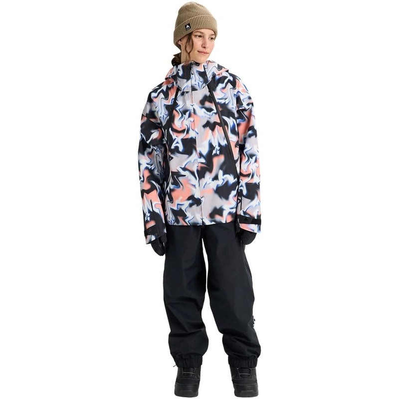 Burton Futuretrust 3L Snowboard Jacket in a black and peach abstract swirl print with a hood and diagonal zipper.